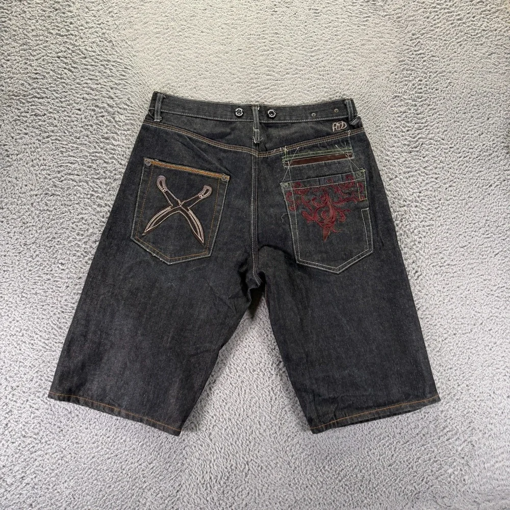VTG Artful Dodger Seven Dials Shorts Mens 34 Black Denim Bermuda Streetwear Y2K